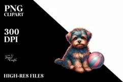 Watercolor Yorkipoo Sitting in Sand with Surf and Ball | Product Image 3