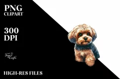 Watercolor Yorkipoo Sitting in Sand with Surf and Ball | Product Image 1