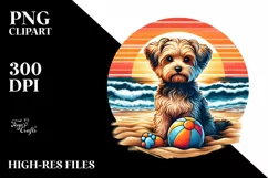 Watercolor Yorkipoo Sitting in Sand with Surf and Ball | Product Image 1