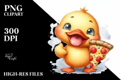 Washed Watercolor Duck Holding Pizza Slice | Clipart Product Image 1