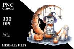 Kitten Dressed for Halloween Sitting on Half Moon PNG Product Image 2