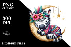 Vibrant Boho Cute Baby Zebra Sleeping on the Moon, PNG Product Image 2