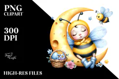 Vibrant Baby Bee Sleeping on the Moon, PNG Product Image 2
