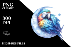 Vibrant Whimsical Baby Macaw Sleeping on the Moon, PNG Product Image 2