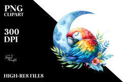 Vibrant Whimsical Baby Macaw Sleeping on the Moon, PNG Product Image 2