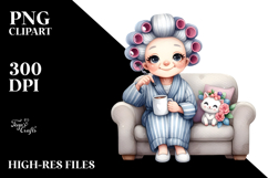 Elderly Lady Sitting on Couch | Hair Curler Mug Clipart Product Image 2