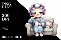 Elderly Lady Sitting on Couch | Hair Curler Mug Clipart Product Image 3