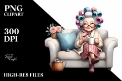 Elderly Lady Sitting on Couch | Hair Curler Mug Clipart Product Image 1
