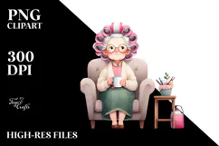 Elderly Lady Sitting on Couch | Hair Curler Mug Clipart Product Image 2