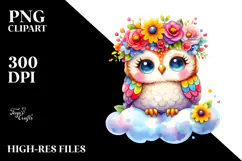 Cute Watercolor Owl with Flower Crown, PNG Product Image 2