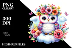 Cartoon-Style Vibrant Owl Sitting on a Cloud PNG Product Image 2