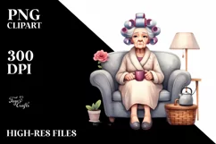 Elderly Lady Sitting on Sofa | Hair Curler Mug Clipart Product Image 3