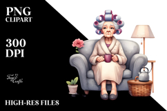 Elderly Lady Sitting on Sofa | Hair Curler Mug Clipart Product Image 2