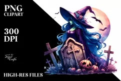 Vibrant Drawing of Witch with Grave | Sublimation | Clipart Product Image 1