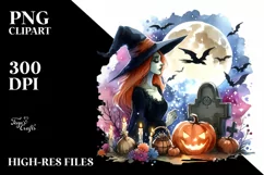 Vibrant Drawing of Witch with Grave | Sublimation | Clipart Product Image 1