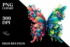 Abstract Butterfly with Plant Leaves and Flowers, PNG Product Image 3
