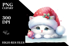 A Cute Watercolor Cat with Santa Hat, White Background Product Image 2