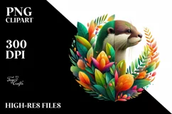 Abstract Otter with Plant Leaves and 3D Flowers, PNG Product Image 1
