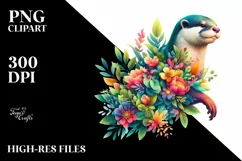 Abstract Otter with Plant Leaves and 3D Flowers, PNG Product Image 3