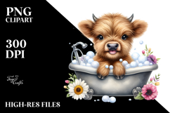 Cute Watercolor Highland Cow Sitting in Bath Tub with Product Image 2