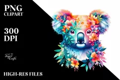 Abstract Koala with Plant Leaves and 3D Flowers, PNG Product Image 3