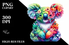 Abstract Koala with Plant Leaves and 3D Flowers, PNG Product Image 1