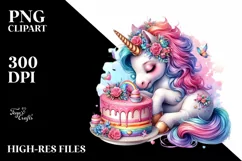 Colorful Baby Unicorn with Cake PNG Product Image 1
