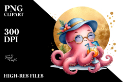 Cocktail Drinking Octopus in Beachwear PNG Product Image 2
