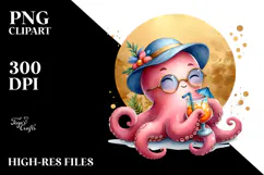 Cocktail Drinking Octopus in Beachwear PNG Product Image 2