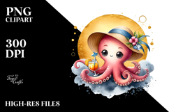 Cute Octopus Drinking Cocktail PNG Product Image 2