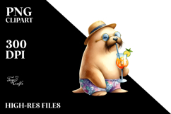 Cocktail Drinking Walrus in Beachwear PNG Product Image 2