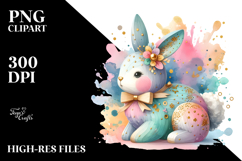 Colorful Wooden Bunny with Golden Insertions, Watercolor PNG Product Image 2