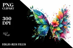 Abstract Butterfly with Plant Leaves and 3D Flowers, PNG Product Image 3
