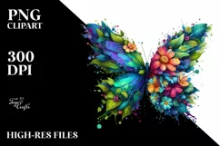 Abstract Butterfly with Plant Leaves and 3D Flowers, PNG Product Image 1