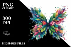 Abstract Butterfly with Plant Leaves and 3D Flowers, PNG Product Image 1