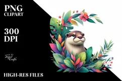 Abstract Otter with Plant Leaves and 3D Flowers, PNG Product Image 1