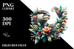 Abstract Otter with Plant Leaves and 3D Flowers, PNG Product Image 1