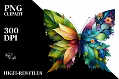 Abstract Butterfly with Plant Leaves and 3D Flowers, PNG Product Image 3