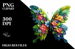 Abstract Butterfly with Plant Leaves and 3D Flowers, PNG Product Image 1