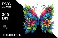 Abstract Butterfly with Plant Leaves and 3D Flowers, PNG Product Image 3