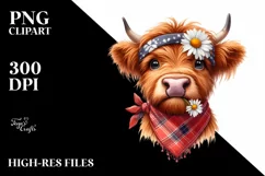 Highland Cow with Bandana and Daisy | Sublimation | Clipart Product Image 1