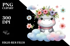 Whimsical Cloud Flowers,Smiling Cute Baby Hippo | Clipart Product Image 1