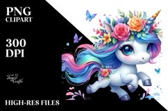 Cute Unicorn Running with Floral Wreath PNG Product Image 2