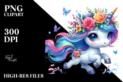 Cute Unicorn Running with Floral Wreath PNG Product Image 2