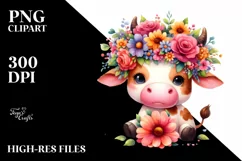 Cute Cow with Flower Crown PNG Product Image 1