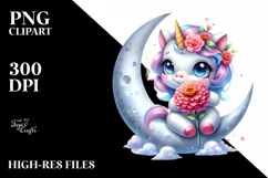 Colorful Baby Unicorn Zinnia on Moon | Sublimation | Clipart Product Image 1