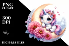 Colorful Baby Unicorn Zinnia on Moon | Sublimation | Clipart Product Image 3