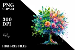 Abstract Tree with Plant Leaves and 3D Flowers, PNG Product Image 1