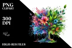 Abstract Tree with Plant Leaves and 3D Flowers, PNG Product Image 3