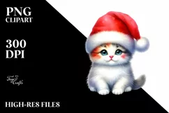 A Cute Watercolor Cat Sitting with Santa Hat, White Product Image 3